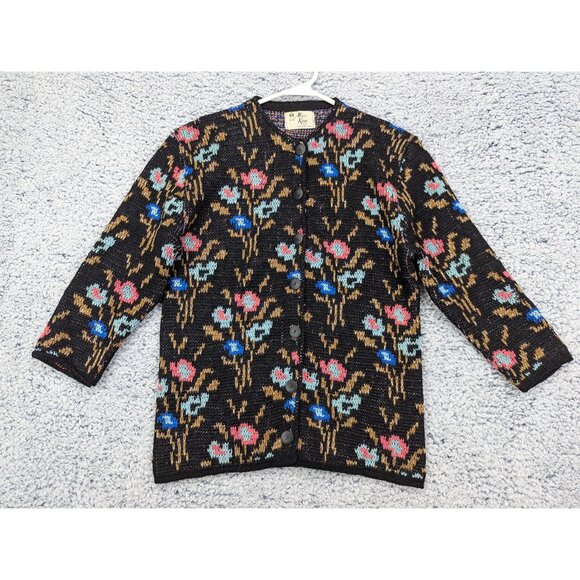 Vintage Sweaters - VTG 60s Alice Kaye Cardigan Size M Floral Slim Fit Cottagecore Wool 70s Black